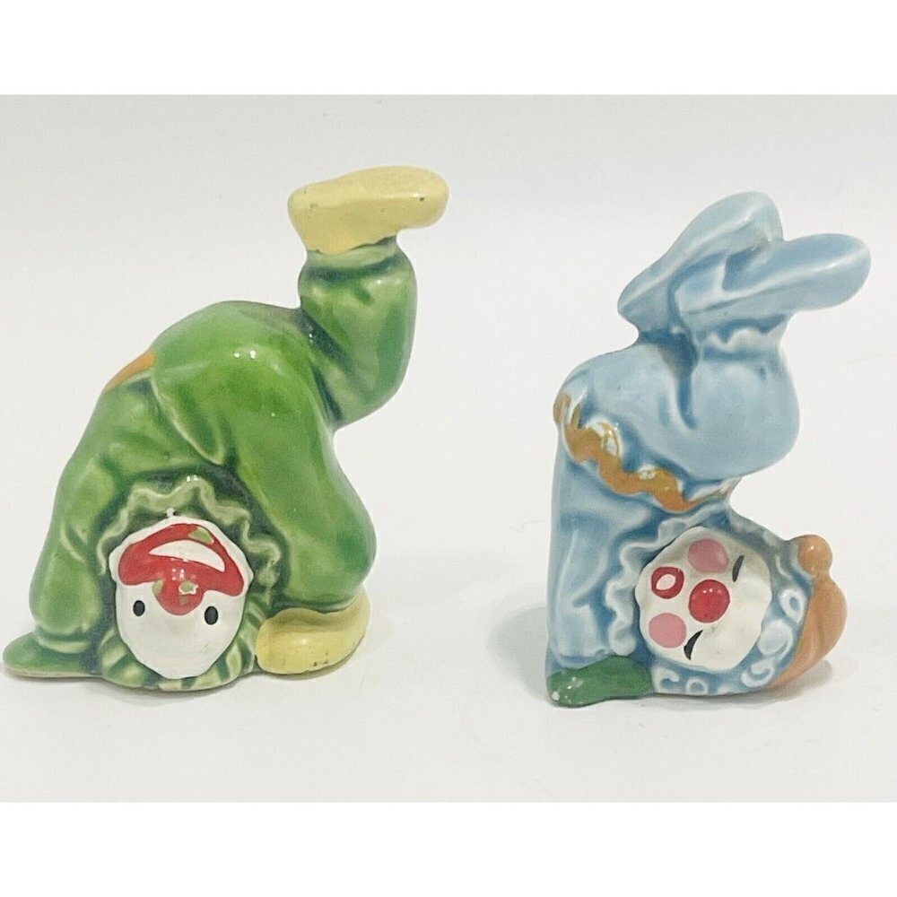 2 Vintage Tumbling Circus Clowns Ceramic Miniature Japan MCM Green Blue 2.25”